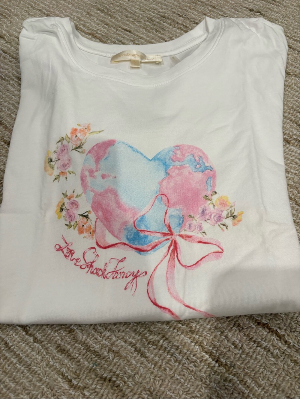 LoveShackFancy White Tee with Pink & Blue Heart and Floral Ribbon